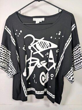 Abstract Tee Vtg 80s/90s T-shirt by Rebecca Stone USA Made Blk & Wht